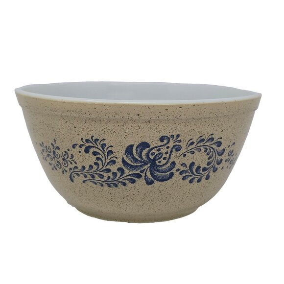 Pyrex 402 Homestead 1.5 Qt Speckled Mixing Bowl Beige with Blue Floral - Picture 1 of 13